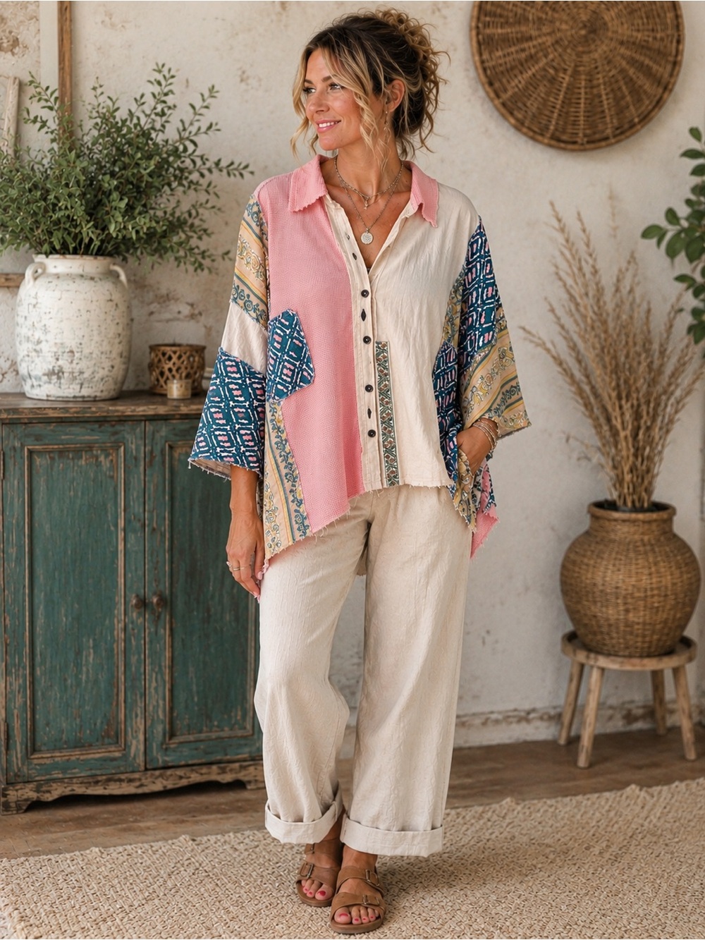 Blue Velvet NWT Boho Patchwork Button-Front Top in Pink and Cream